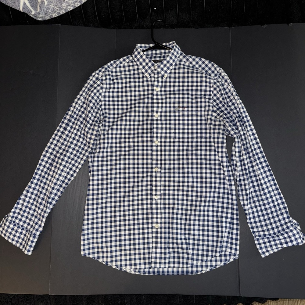 Men's Medium Greg Norman Cotton Blue White Check Long Sleeve Button-Down Shirt